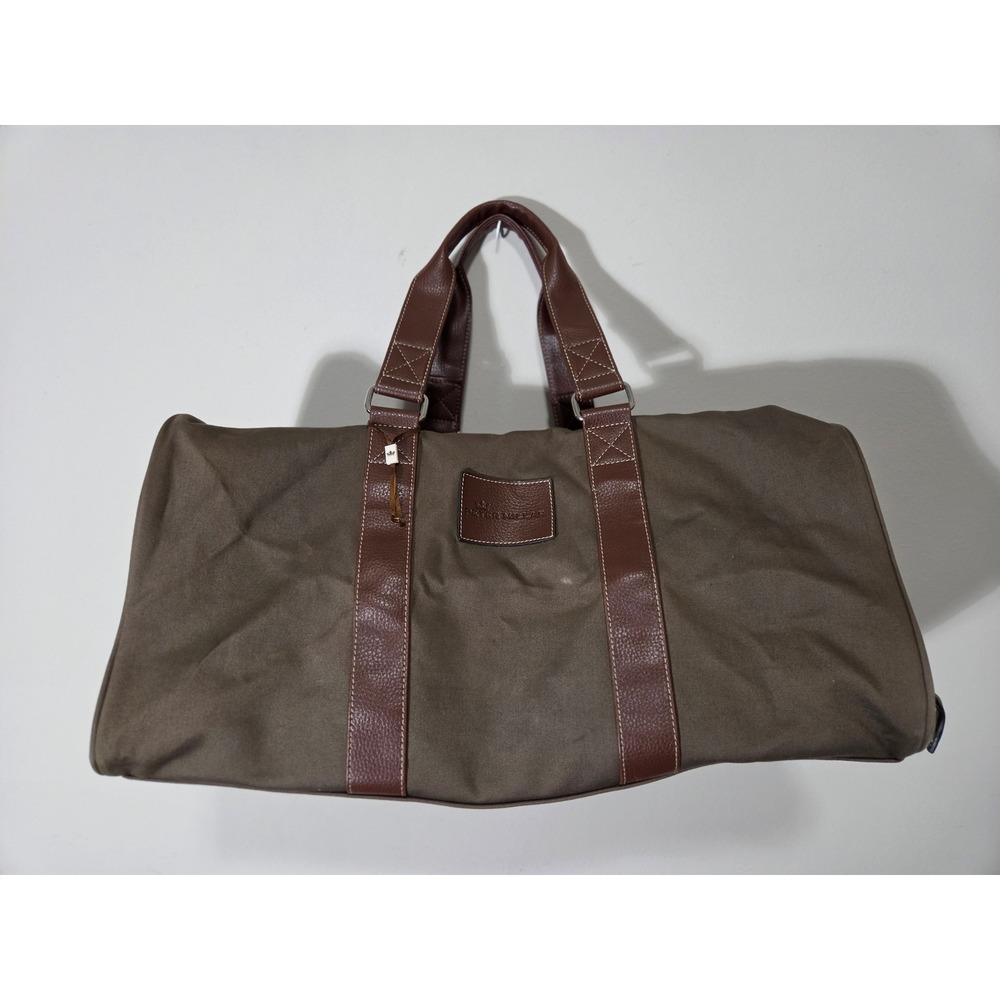 Peter Millar Canvas Duffel Bag Brown Olive Plaid Lining Weekend Travel Gym Bag